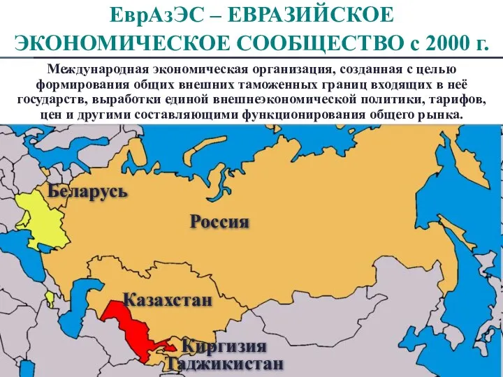 ЕврАзЭС – ЕВРАЗИЙСКОЕ ЭКОНОМИЧЕСКОЕ СООБЩЕСТВО с 2000 г. Россия Казахстан