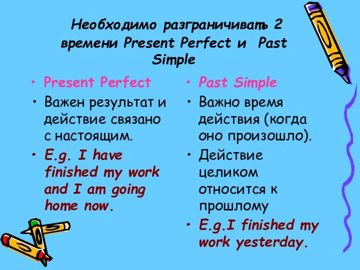 Необходимо разграничивать 2 времени Present Perfect и Past Simple Present