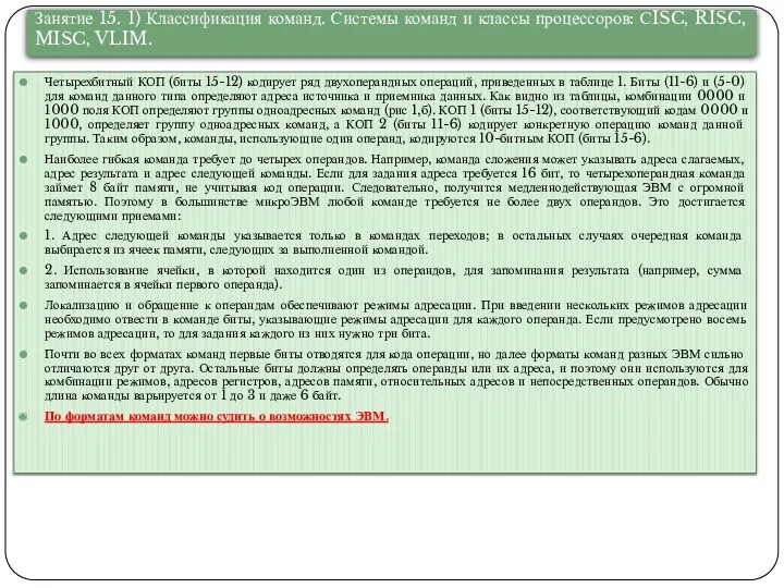 Четырехбитный КОП (биты 15-12) кодирует ряд двухоперандных операций, приведенных в