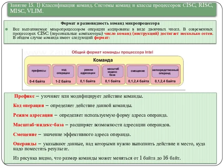 Формат и разновидность команд микропроцессора Все выполняемые микропроцессором операции кодированы