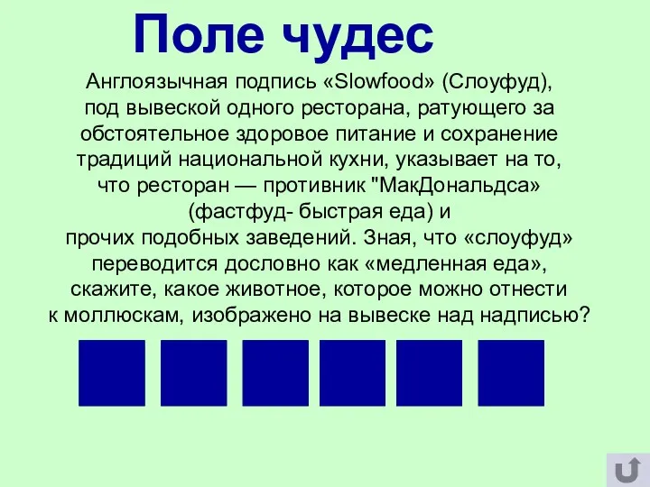 Англоязычная подпись «Slowfood» (Слоуфуд), под вывеской одного ресторана, ратующего за