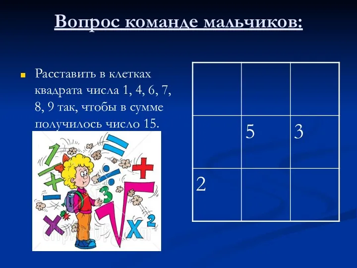 Вопрос команде мальчиков: Расставить в клетках квадрата числа 1, 4,