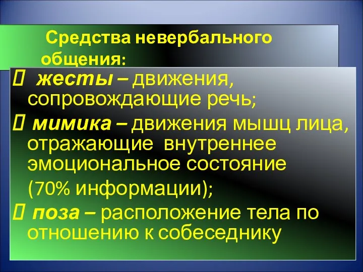 Средства невербального общения: жесты – движения, сопровождающие речь; мимика –