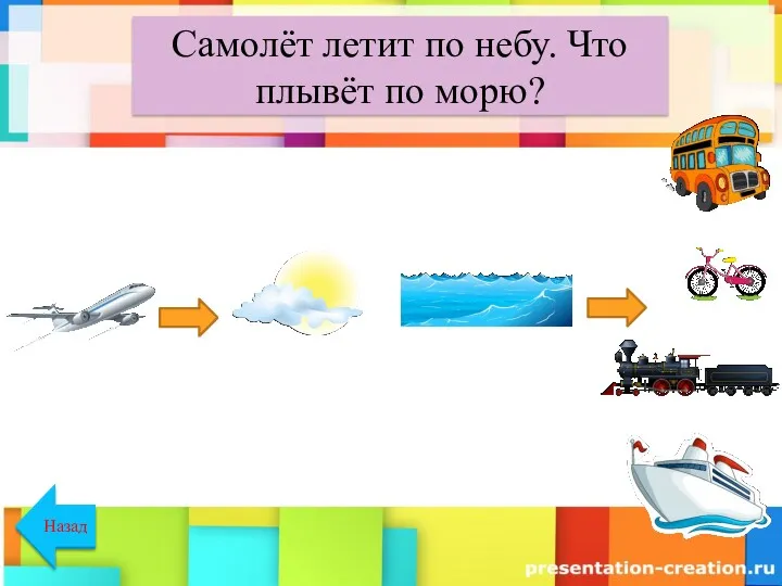 Самолёт летит по небу. Что плывёт по морю? Назад Назад