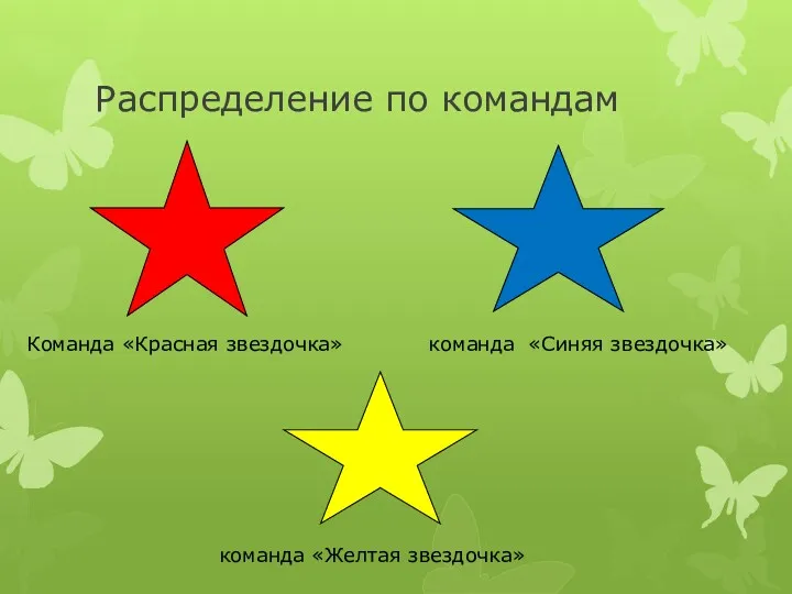Распределение по командам Команда «Красная звездочка» команда «Синяя звездочка» команда «Желтая звездочка»