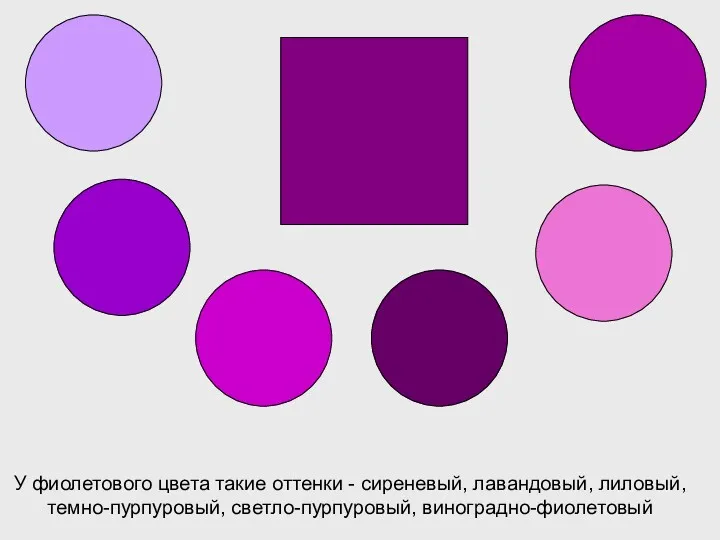 У фиолетового цвета такие оттенки - сиреневый, лавандовый, лиловый, темно-пурпуровый, светло-пурпуровый, виноградно-фиолетовый