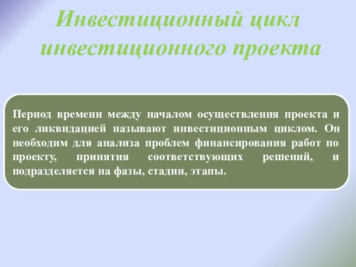 Инвестиционный цикл инвестиционного проекта Период времени между началом осуществления проекта и его ликвидацией