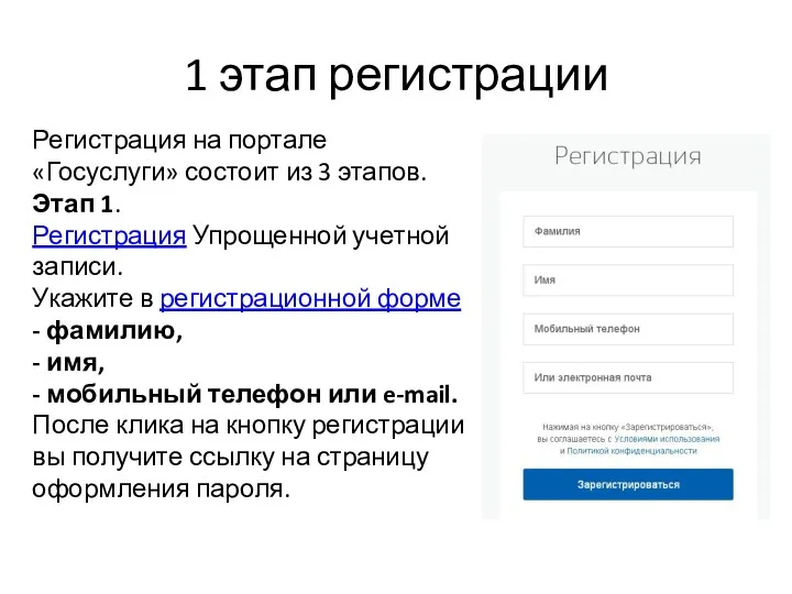 1 этап регистрации Регистрация на портале «Госуслуги» состоит из 3
