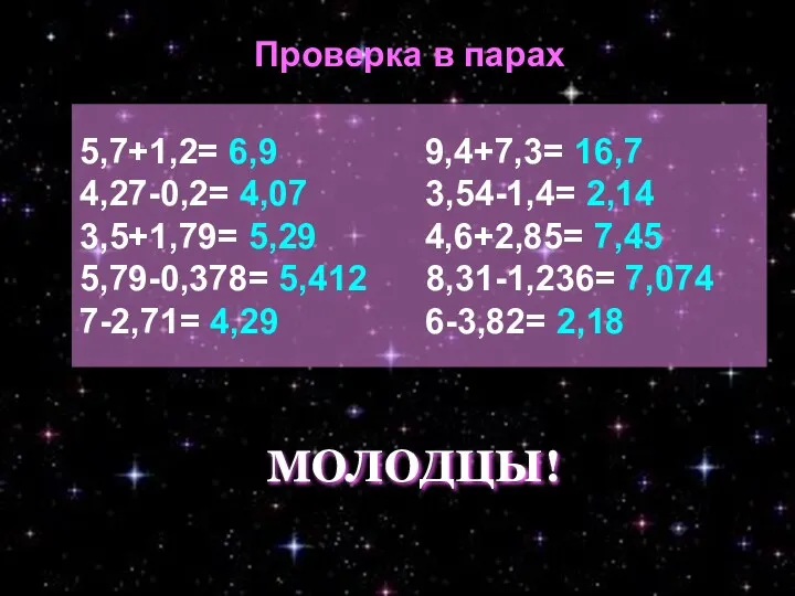 5,7+1,2= 6,9 9,4+7,3= 16,7 4,27-0,2= 4,07 3,54-1,4= 2,14 3,5+1,79= 5,29 4,6+2,85= 7,45 5,79-0,378=