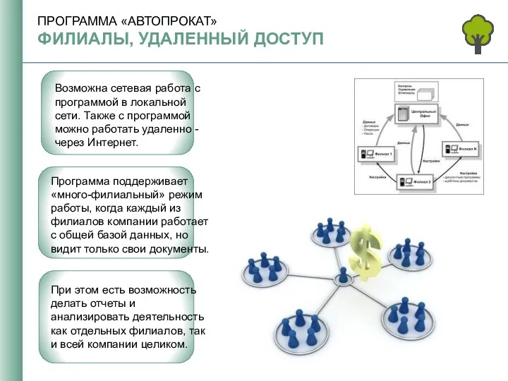 Возможна сетевая работа с программой в локальной сети. Также с