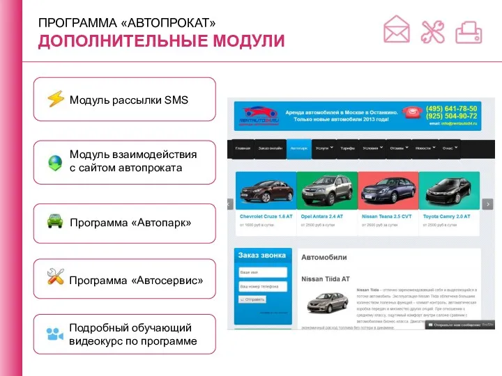 ПРОГРАММА «АВТОПРОКАТ» ДОПОЛНИТЕЛЬНЫЕ МОДУЛИ Модуль рассылки SMS Программа «Автопарк» Программа