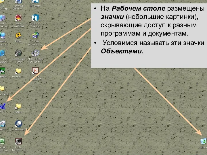 На Рабочем столе размещены значки (небольшие картинки), скрывающие доступ к