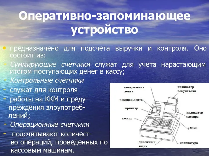 Оперативно-запоминающее устройство предназначено для подсчета выручки и контроля. Оно состоит