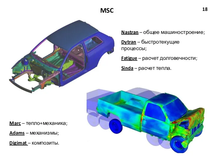 MSC 18 Nastran – общее машиностроение; Dytran – быстротекущие процессы;