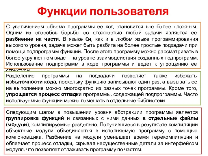 Функции пользователя С увеличением объема программы ее код становится все