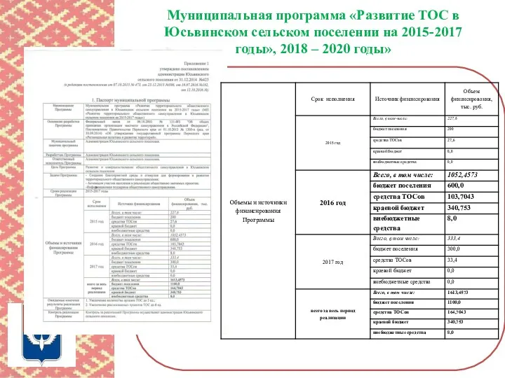 Муниципальная программа «Развитие ТОС в Юсьвинском сельском поселении на 2015-2017 годы», 2018 – 2020 годы» .