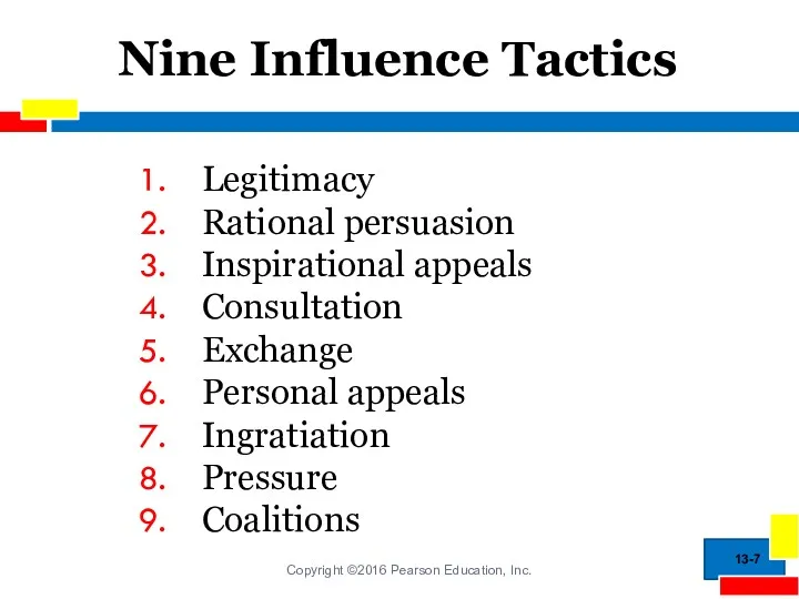 Nine Influence Tactics Legitimacy Rational persuasion Inspirational appeals Consultation Exchange Personal appeals Ingratiation Pressure Coalitions 13-