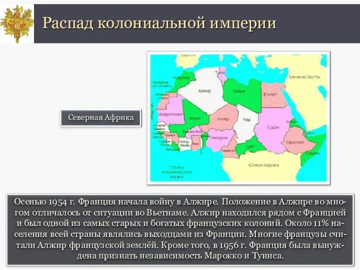 Осенью 1954 г. Франция начала войну в Алжире. Положение в