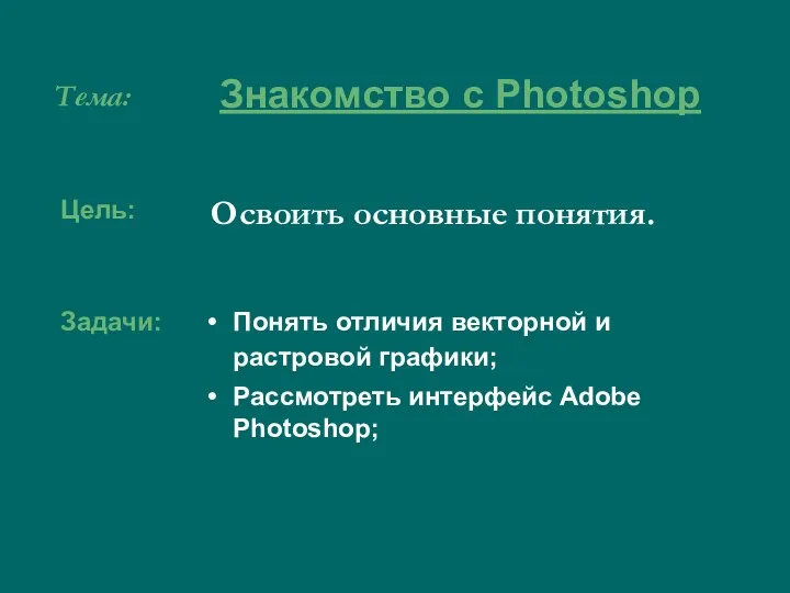 Тема: Освоить основные понятия. Знакомство с Photoshop Цель: Задачи: Понять