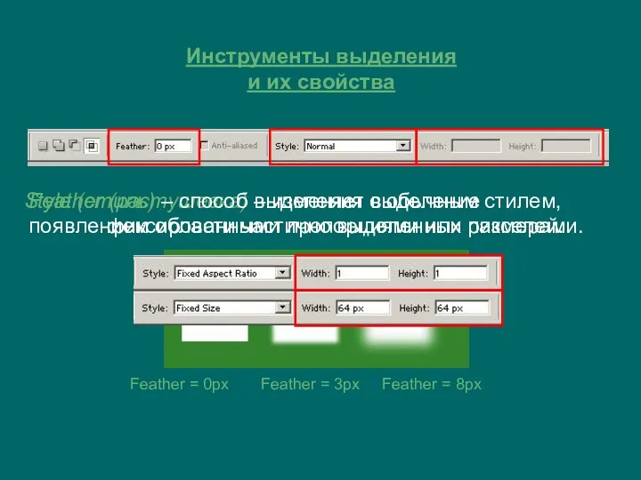 Инструменты выделения и их свойства Feather (растушевка) – изменяет выделение