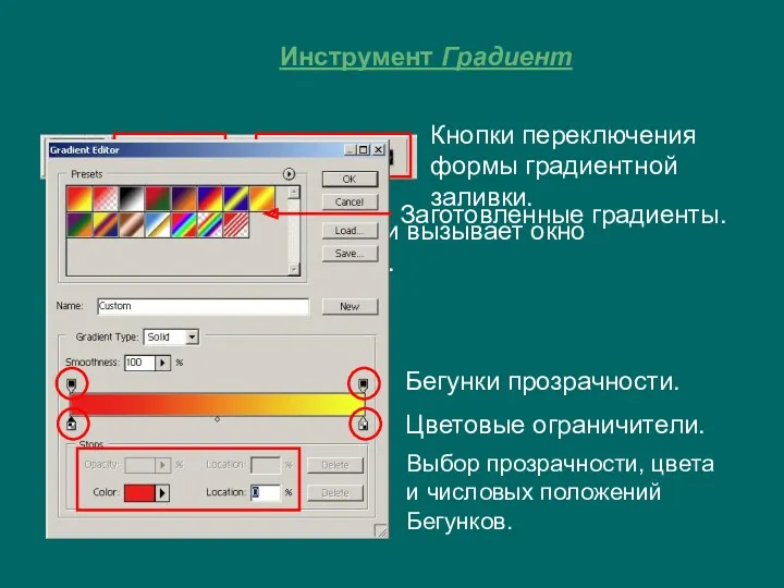 Инструмент Градиент Кнопки переключения формы градиентной заливки. Щелчок левой кнопки