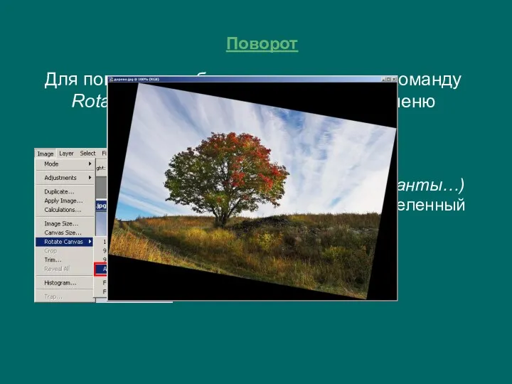 Поворот Для поворота изображения используют команду Rotate Canvas (Поворот холста)