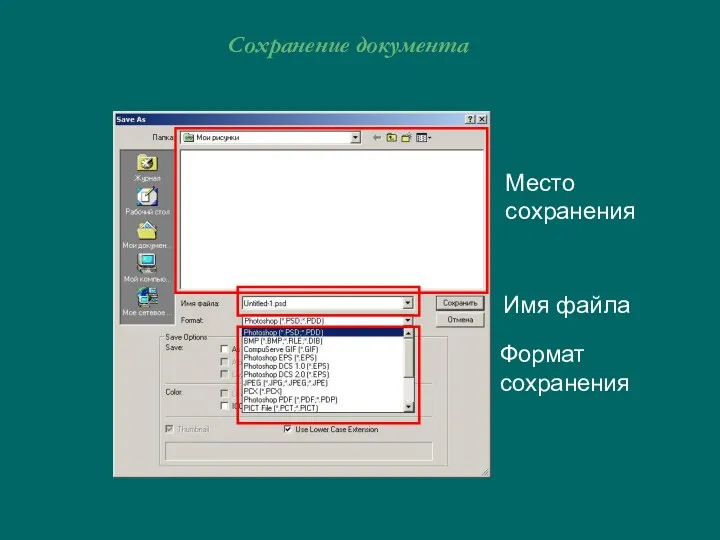 Сохранение документа Место сохранения Имя файла Формат сохранения