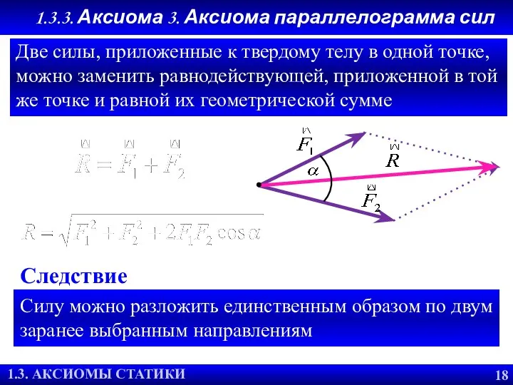 1.3. АКСИОМЫ СТАТИКИ Две силы, приложенные к твердому телу в