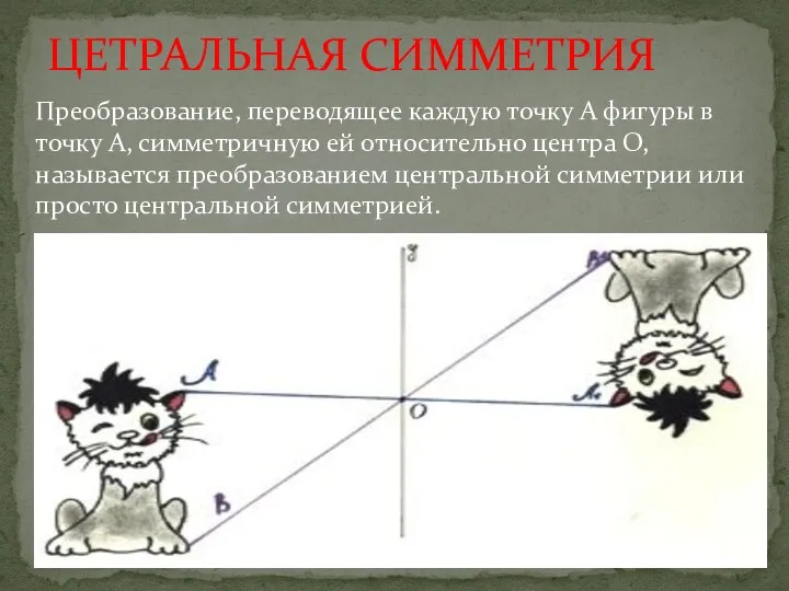 ЦЕТРАЛЬНАЯ СИММЕТРИЯ Преобразование, переводящее каждую точку А фигуры в точку А, симметричную ей