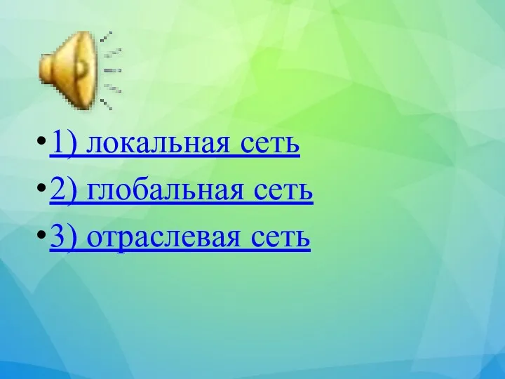 1) локальная сеть 2) глобальная сеть 3) отраслевая сеть