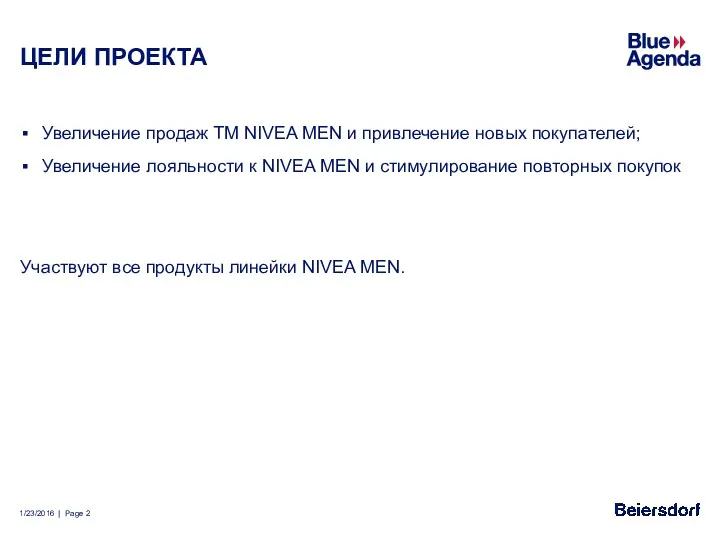 ЦЕЛИ ПРОЕКТА Увеличение продаж ТМ NIVEA MEN и привлечение новых