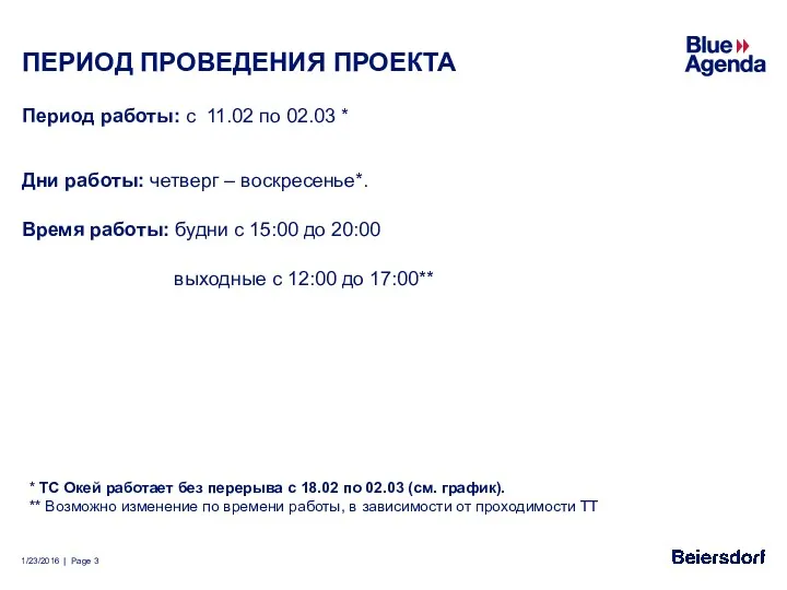 ПЕРИОД ПРОВЕДЕНИЯ ПРОЕКТА Период работы: с 11.02 по 02.03 *