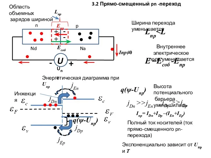 3.2 Прямо-смещенный pn -переход U n p + + -