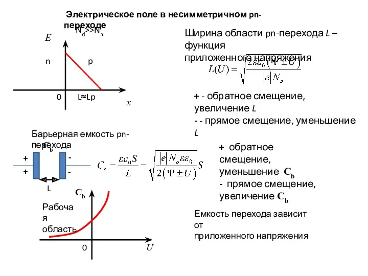 Электрическое поле в несимметричном pn-переходе E x L≈Lp n p