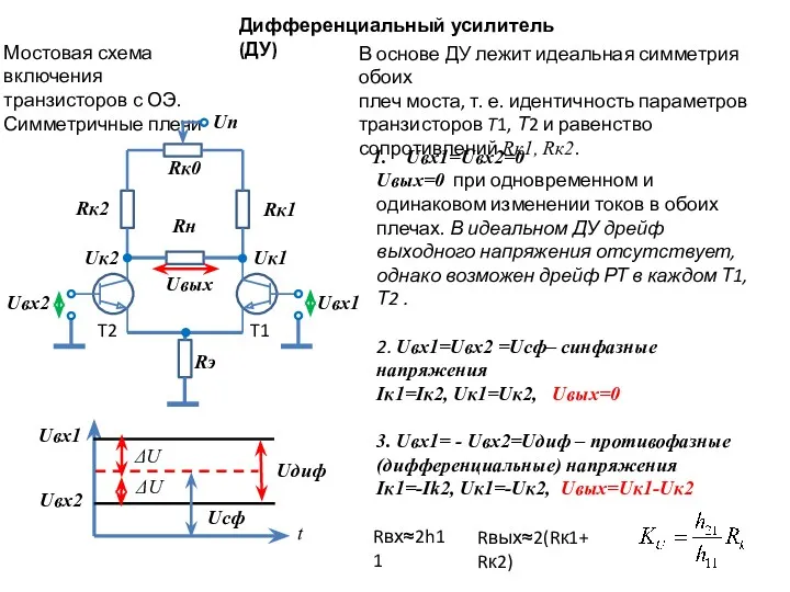 Дифференциальный усилитель (ДУ) Мостовая схема включения транзисторов с ОЭ. Симметричные