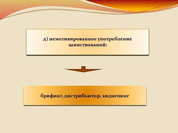 д) немотивированное употребление заимствований: брифинг, дистрибьютор, киднепинг