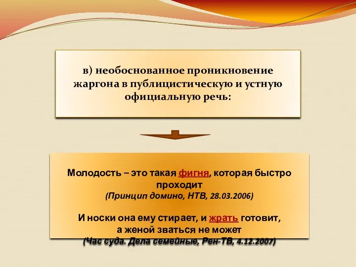 в) необоснованное проникновение жаргона в публицистическую и устную официальную речь: