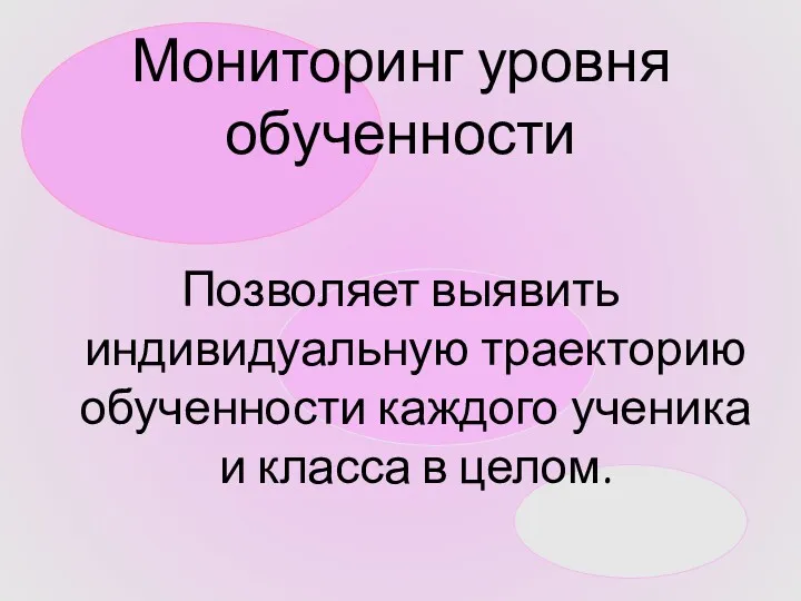 Мониторинг уровня обученности Позволяет выявить индивидуальную траекторию обученности каждого ученика и класса в целом.