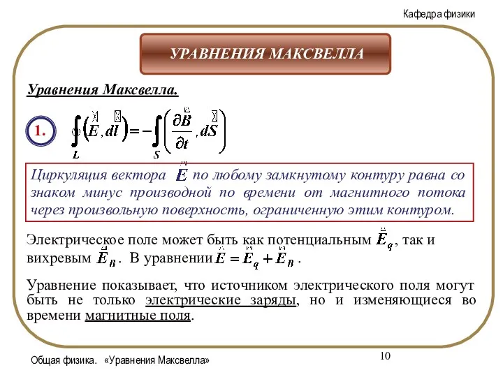 Общая физика. «Уравнения Максвелла» Уравнения Максвелла. 1. Уравнение показывает, что