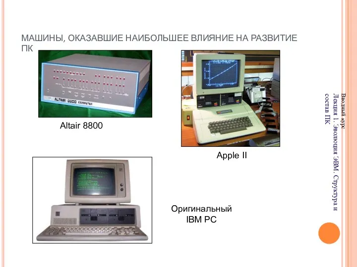 МАШИНЫ, ОКАЗАВШИЕ НАИБОЛЬШЕЕ ВЛИЯНИЕ НА РАЗВИТИЕ ПК Вводный курс Лекция