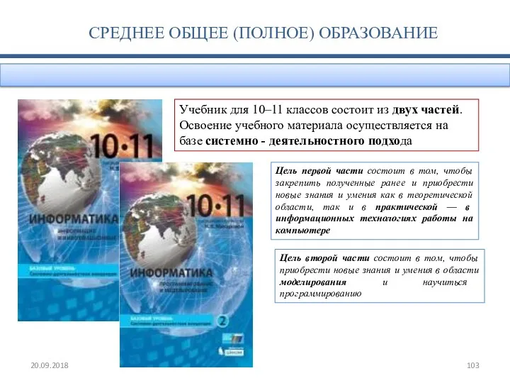 20.09.2018 СРЕДНЕЕ ОБЩЕЕ (ПОЛНОЕ) ОБРАЗОВАНИЕ Учебник для 10–11 классов состоит