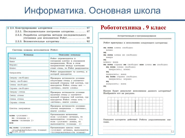 Информатика. Основная школа Робототехника . 9 класс 20.09.2018