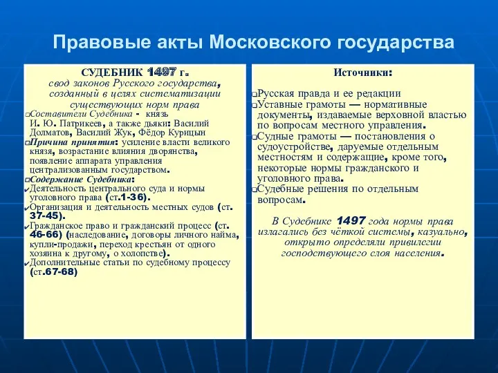 Правовые акты Московского государства СУДЕБНИК 1497 г. свод законов Русского