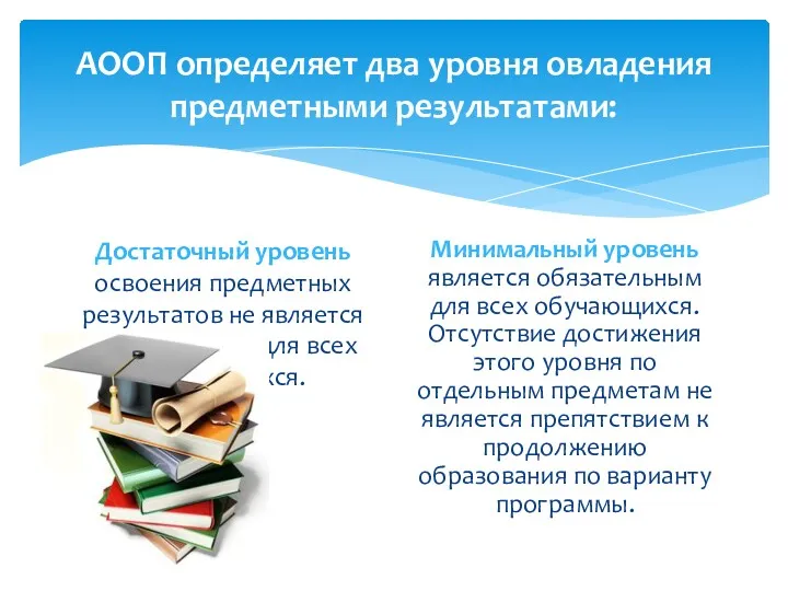 АООП определяет два уровня овладения предметными результатами: Достаточный уровень освоения