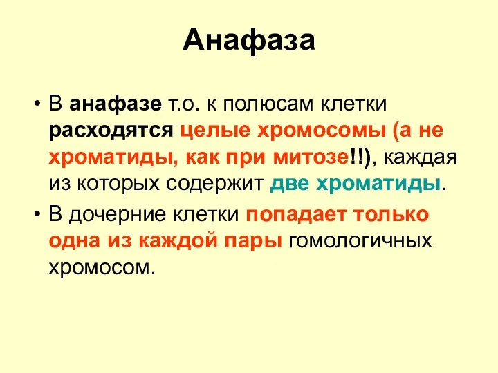 Анафаза В анафазе т.о. к полюсам клетки расходятся целые хромосомы