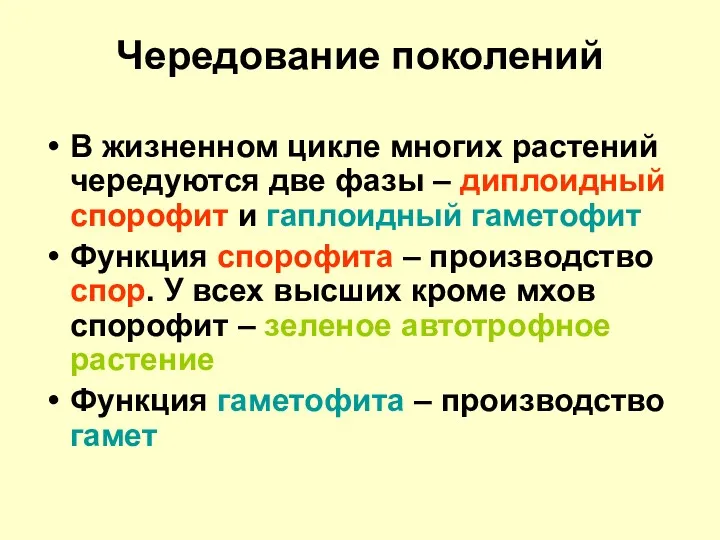 Чередование поколений В жизненном цикле многих растений чередуются две фазы