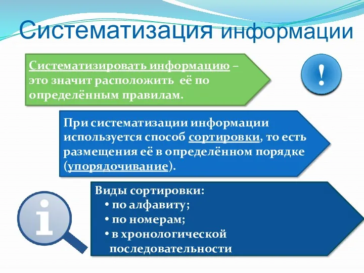 Систематизация информации Систематизировать информацию – это значит расположить её по