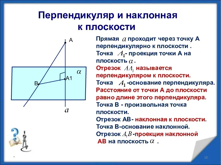 * Перпендикуляр и наклонная к плоскости А А1 В Прямая