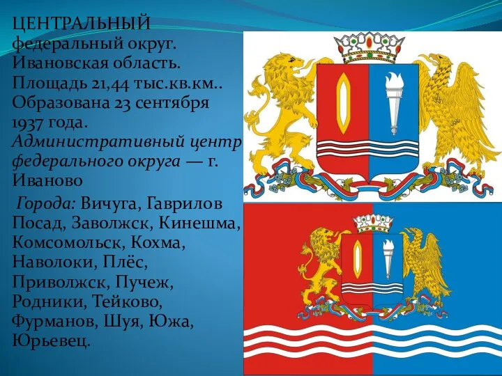 ЦЕНТРАЛЬНЫЙ федеральный округ. Ивановская область. Площадь 21,44 тыс.кв.км.. Образована 23 сентября 1937 года.