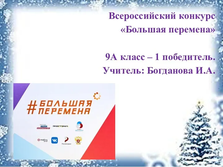 Всероссийский конкурс «Большая перемена» 9А класс – 1 победитель. Учитель: Богданова И.А.